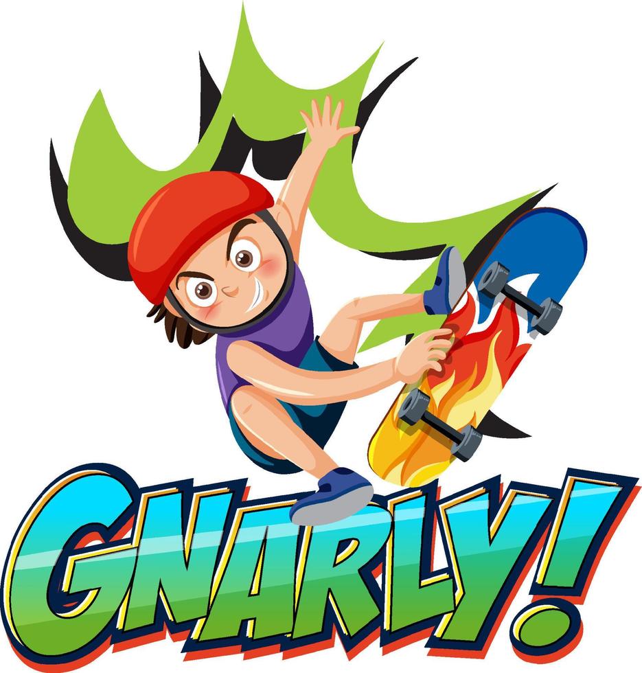 A boy on skateboard with gnarly word text vector