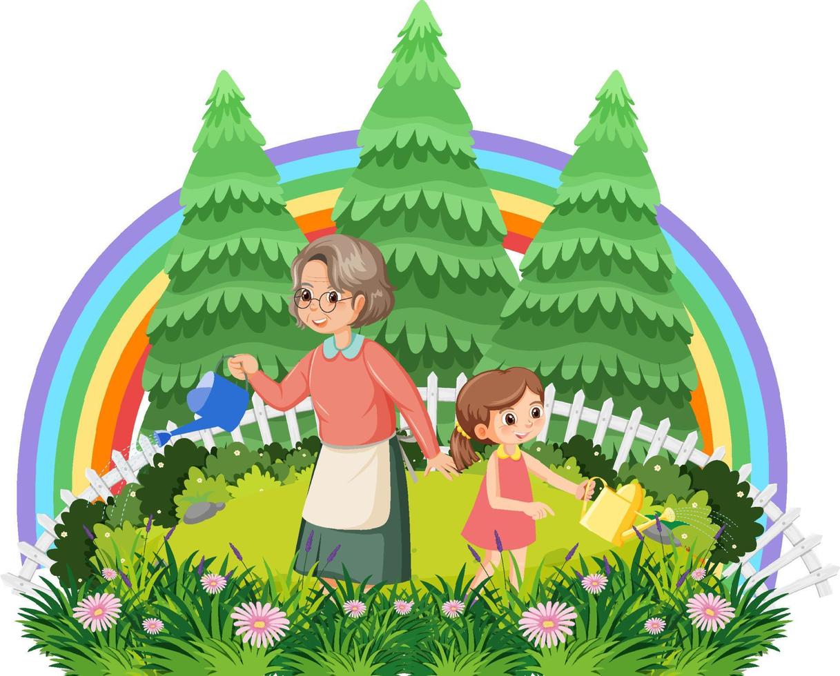 Grandmother and her niece gardening vector