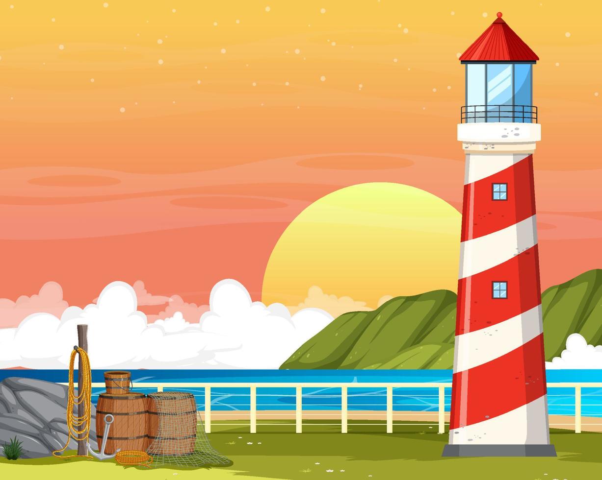 Sunset lighthouse outdoor background vector