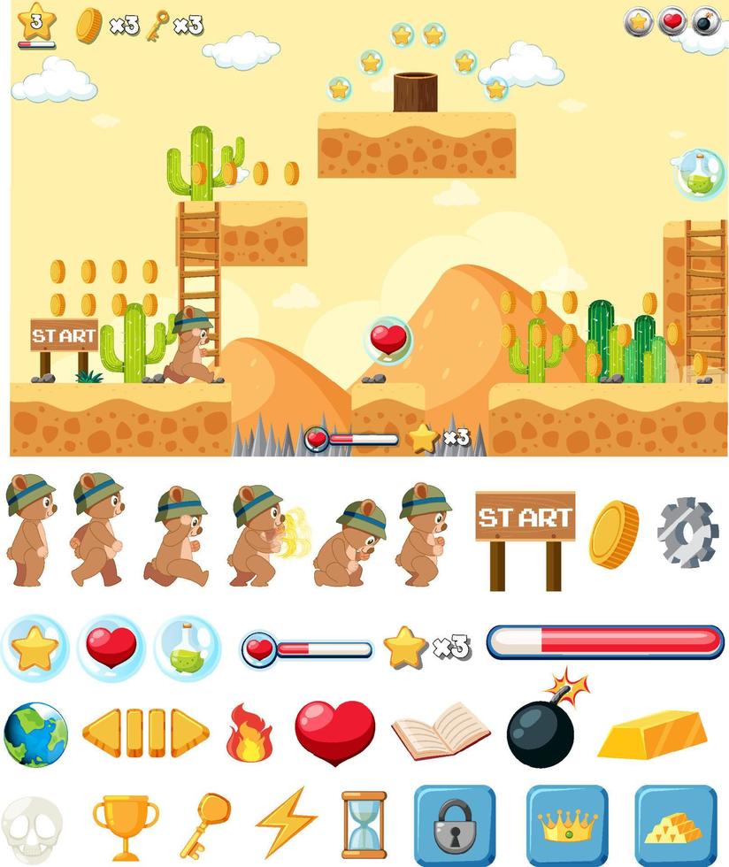 plantilla de fondo de juego de plataforma con elementos vector