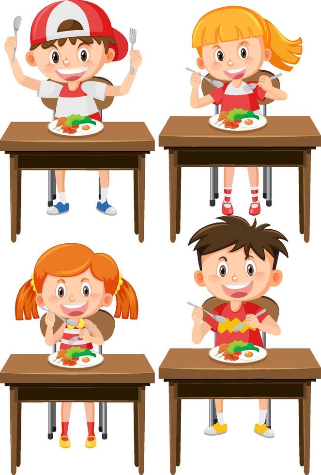 conjunto de niños desayunando saludable vector