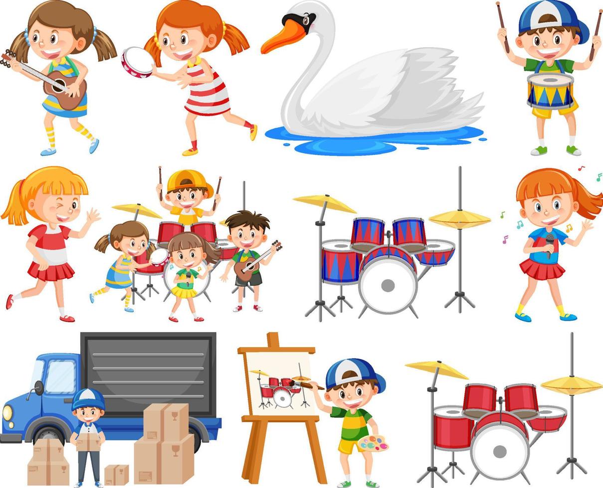 Set of different cute kids and objects vector