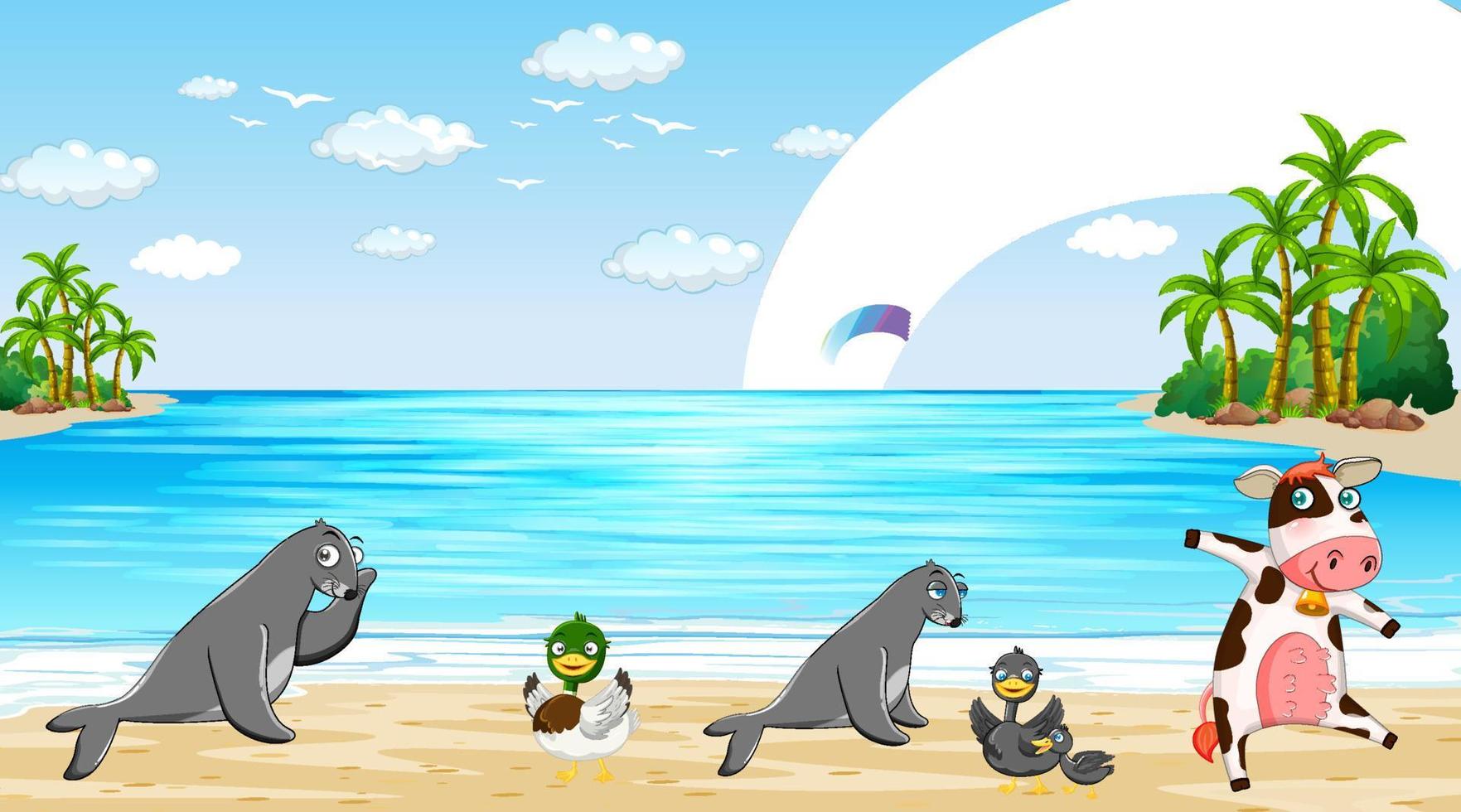 escena de playa con focas y patos vector