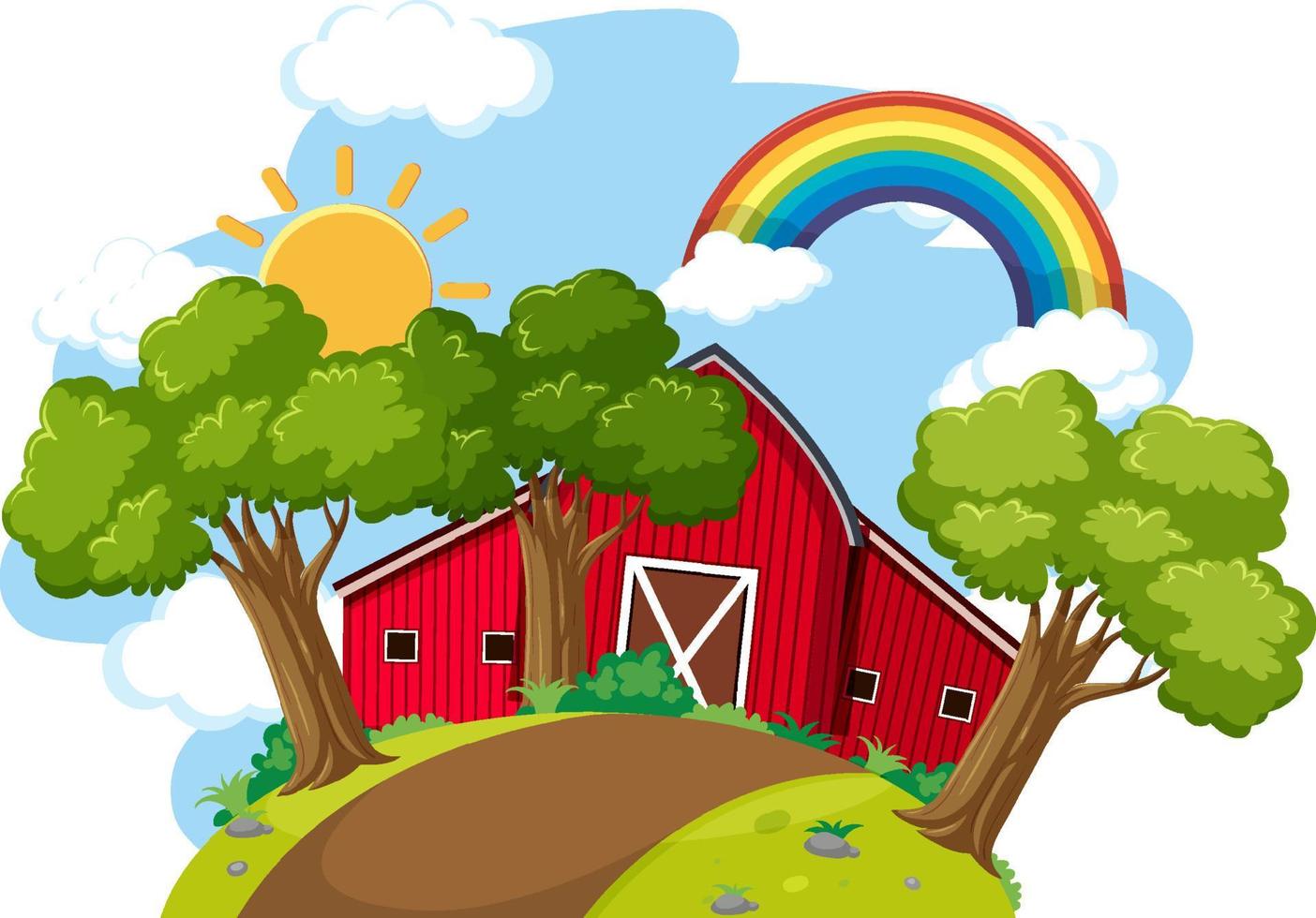 Farm barn with tree and rainbow vector