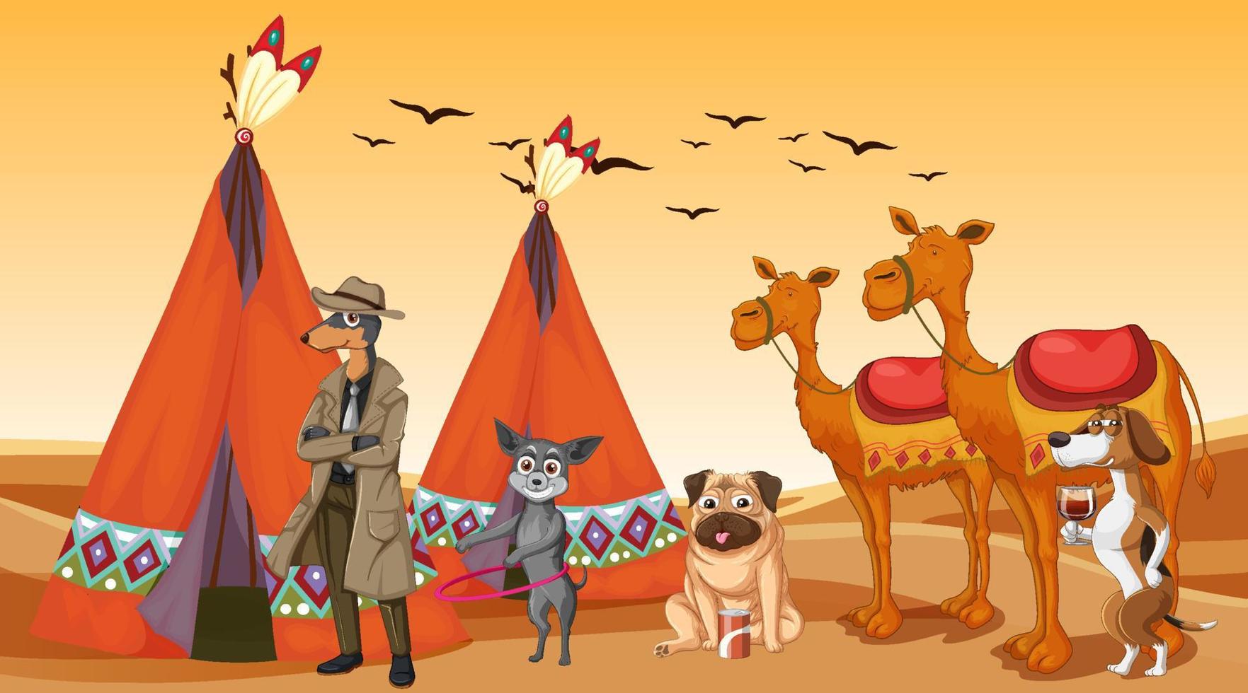 Outdoor desert scene with many dogs and camels vector