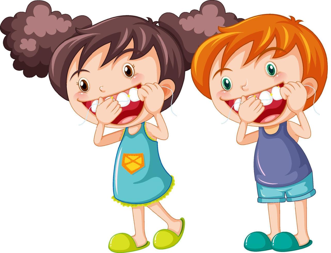 Cute kids cartoon character flossing teeth vector