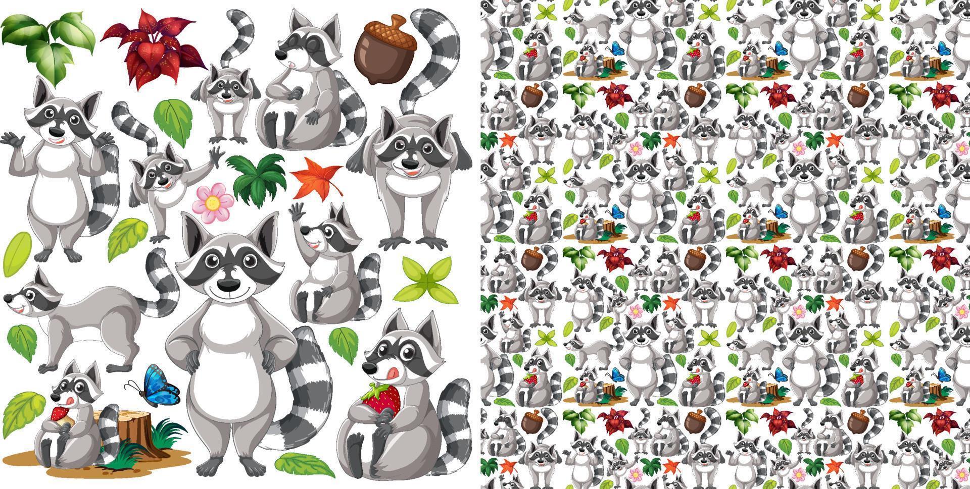 Seamless background with raccoons and leaves vector