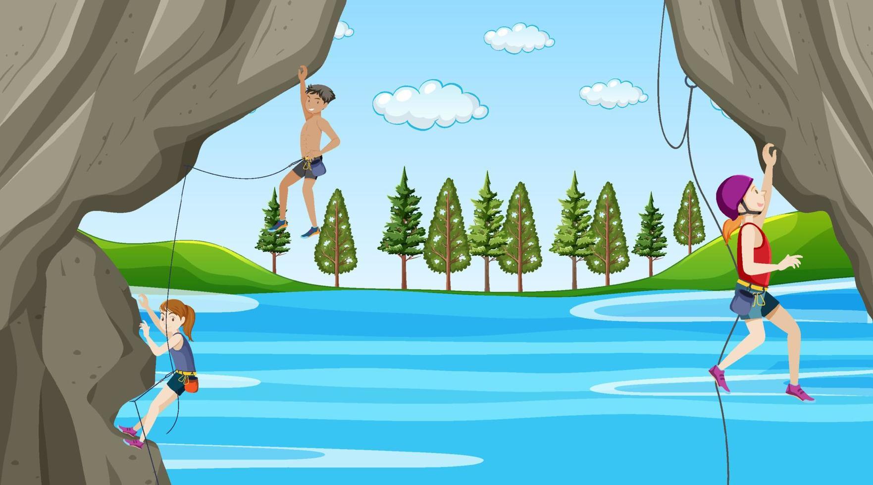 Outdoor scene with rock climber on cliff vector