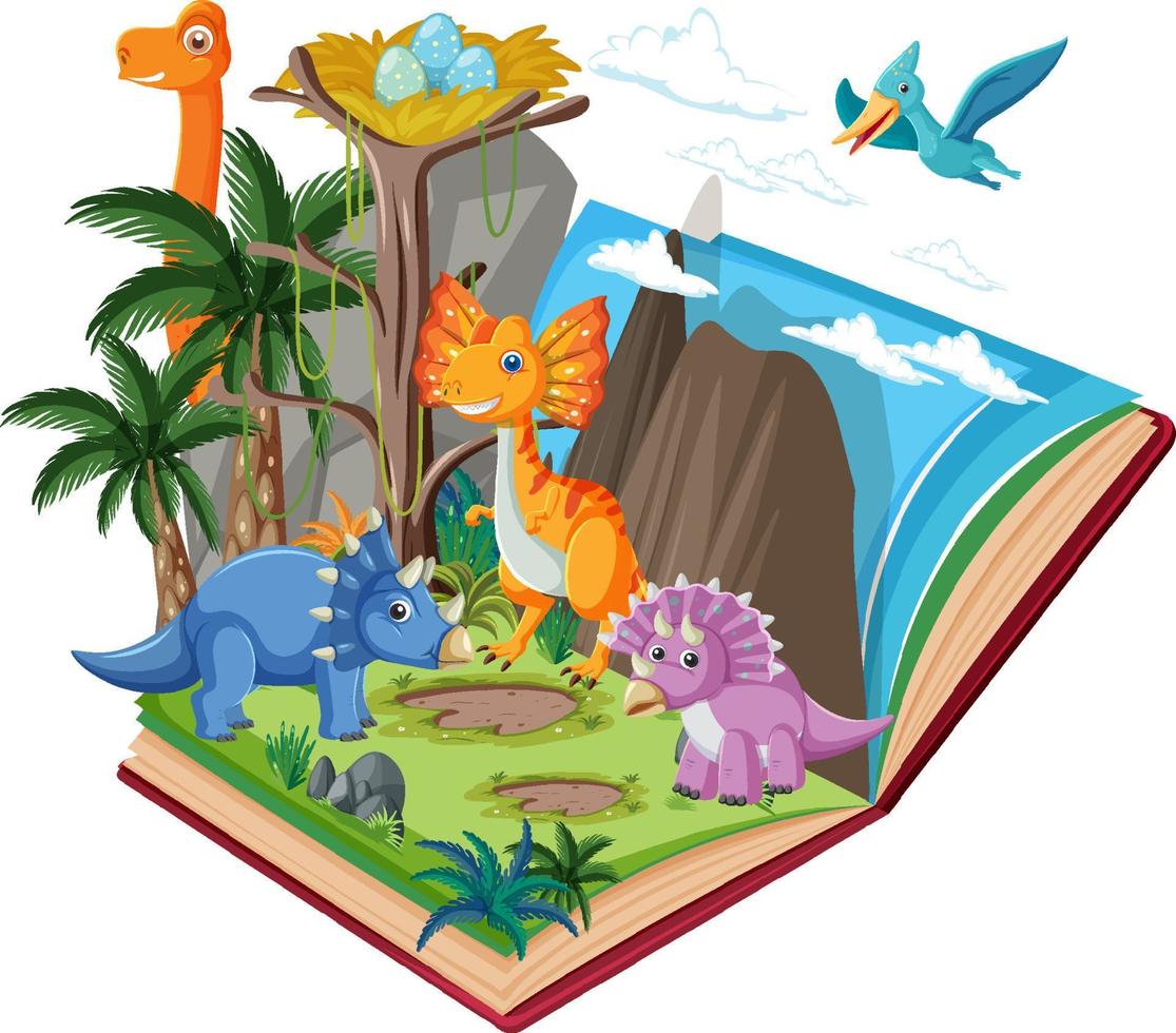 Opened book with dinosaur in prehistoric forest vector