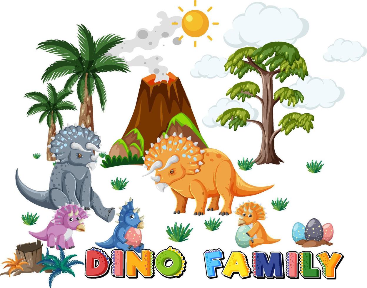 familia de dinosaurios con objetos del bosque vector