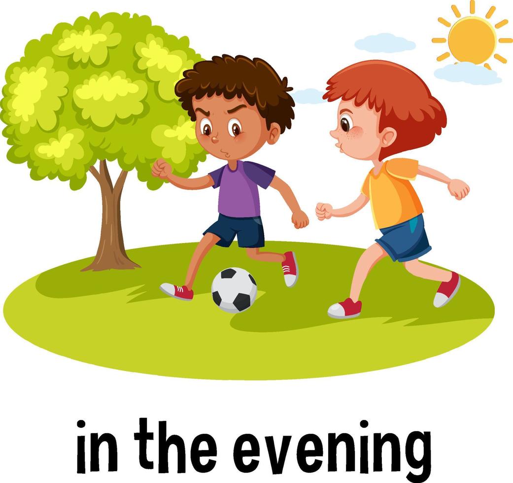 English prepositions of time with evening scene vector