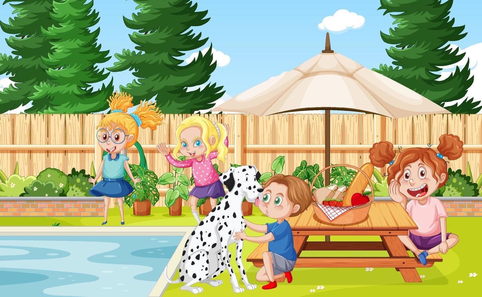 Children doing activities at backyard vector