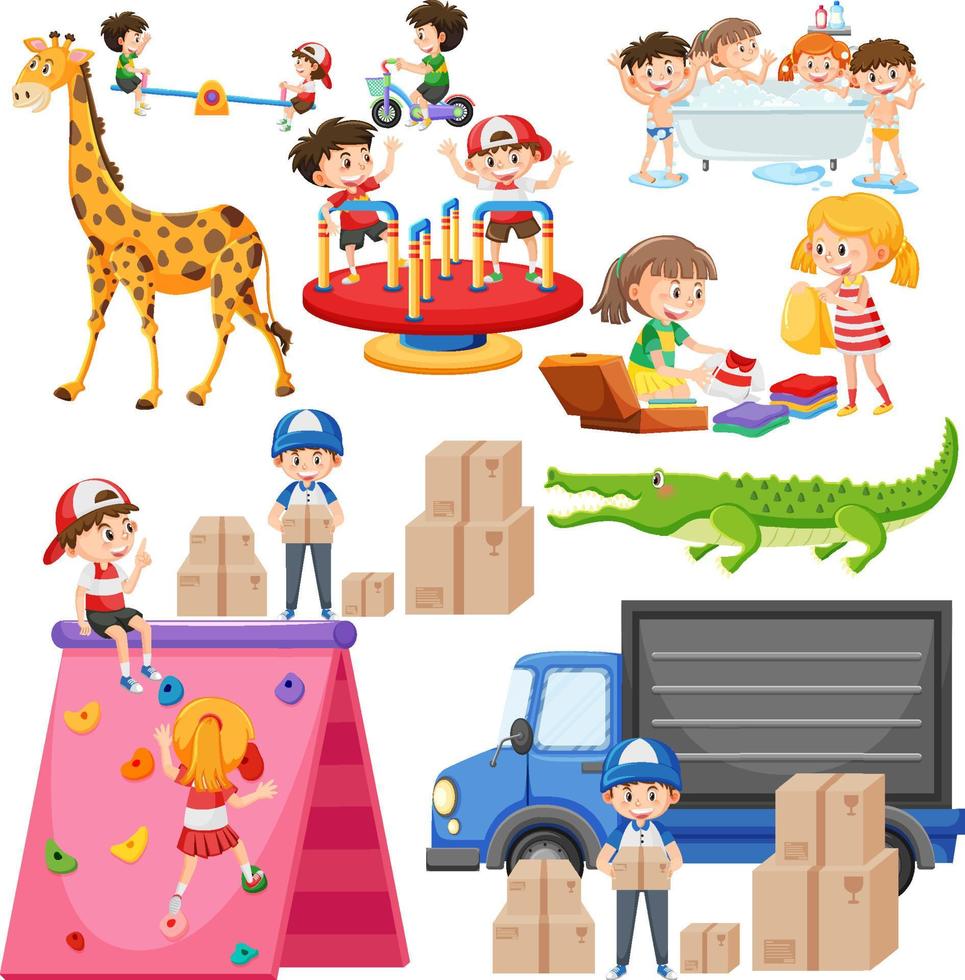 Set of different cute kids and objects vector