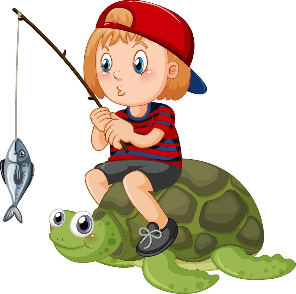 Kid sitting on turtle fishing vector