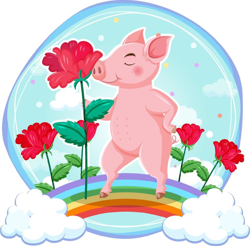 Pig with roses in cartoon style vector