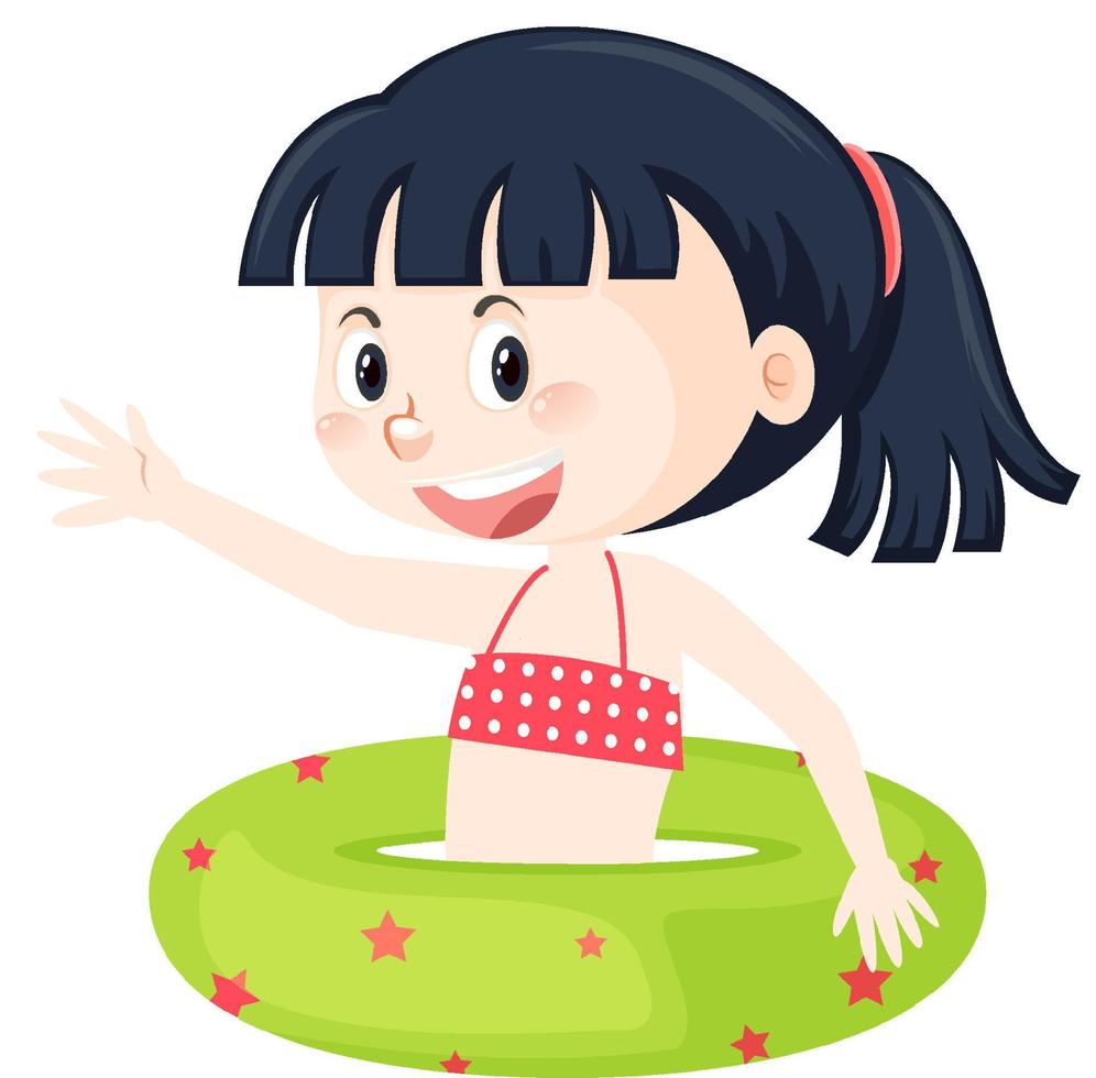 lindo personaje de dibujos animados de chica en traje de baño dentro del anillo inflable vector