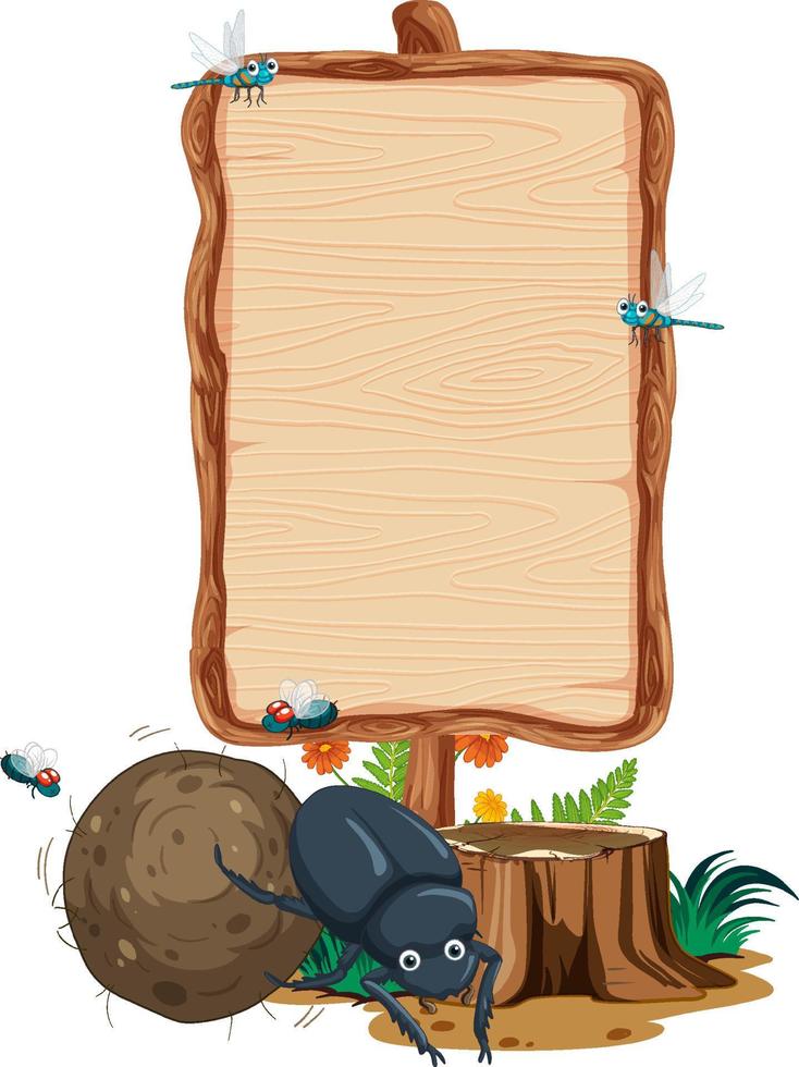 Blank wooden signboard with beetle cartoon vector