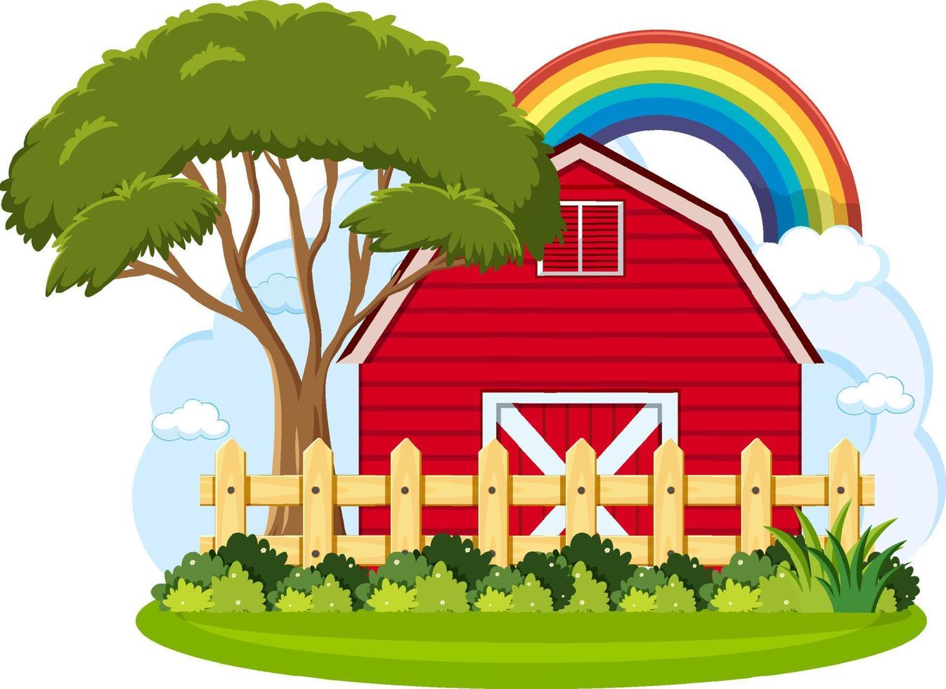 granero de granja con árbol y arco iris vector