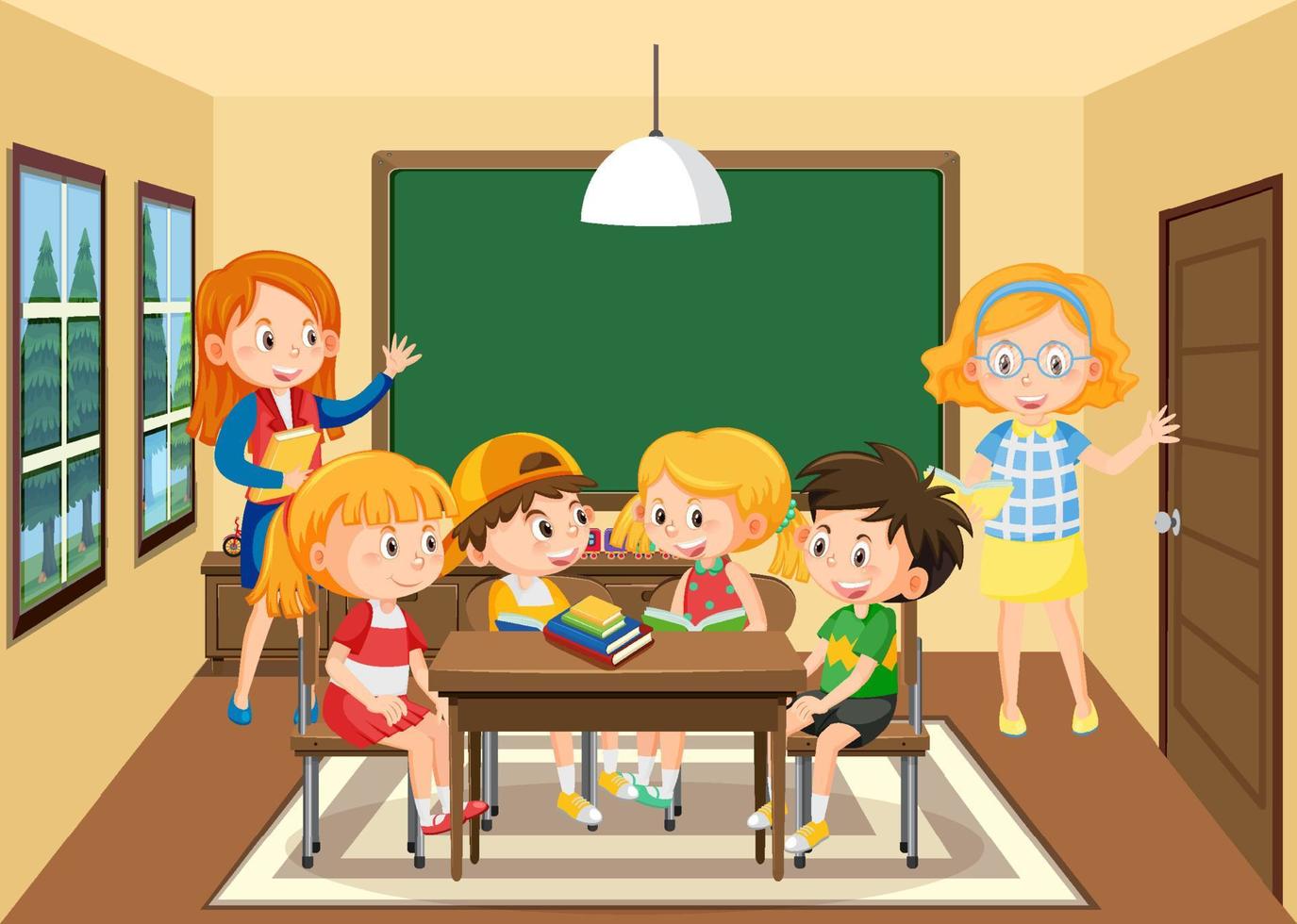 Teacher and students in the classroom vector