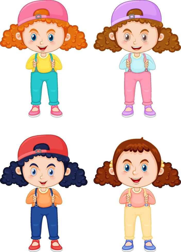 conjunto de personaje de dibujos animados de niña linda con cabello de coleta rizado vector