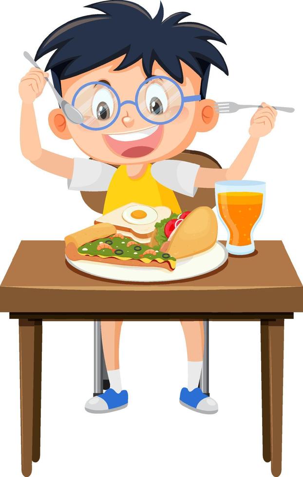 niño feliz disfruta comiendo comida en la mesa vector