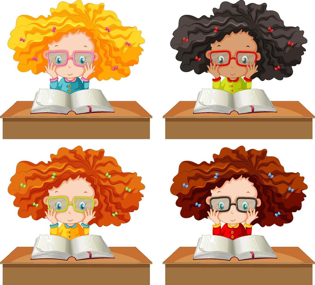 Set of girl reading a book on white background vector