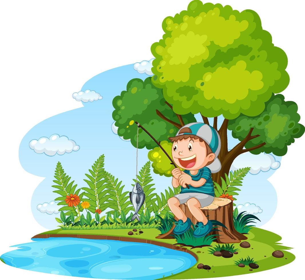 Happy boy fishing in pond vector