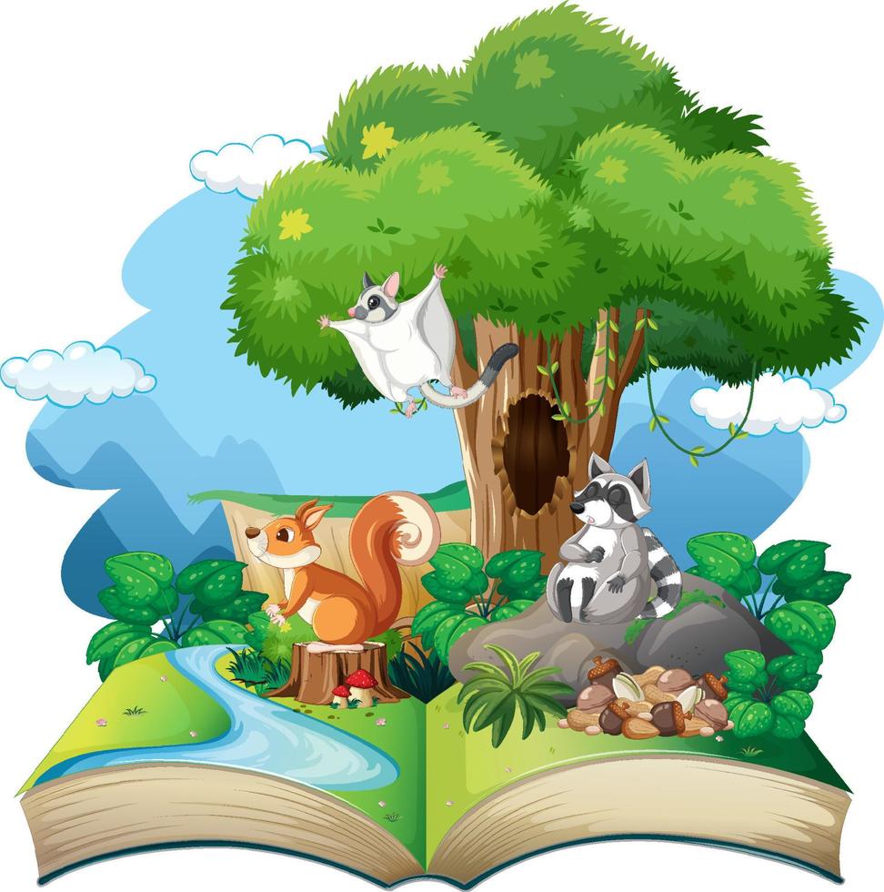 Opened fantasy book with cute animals vector