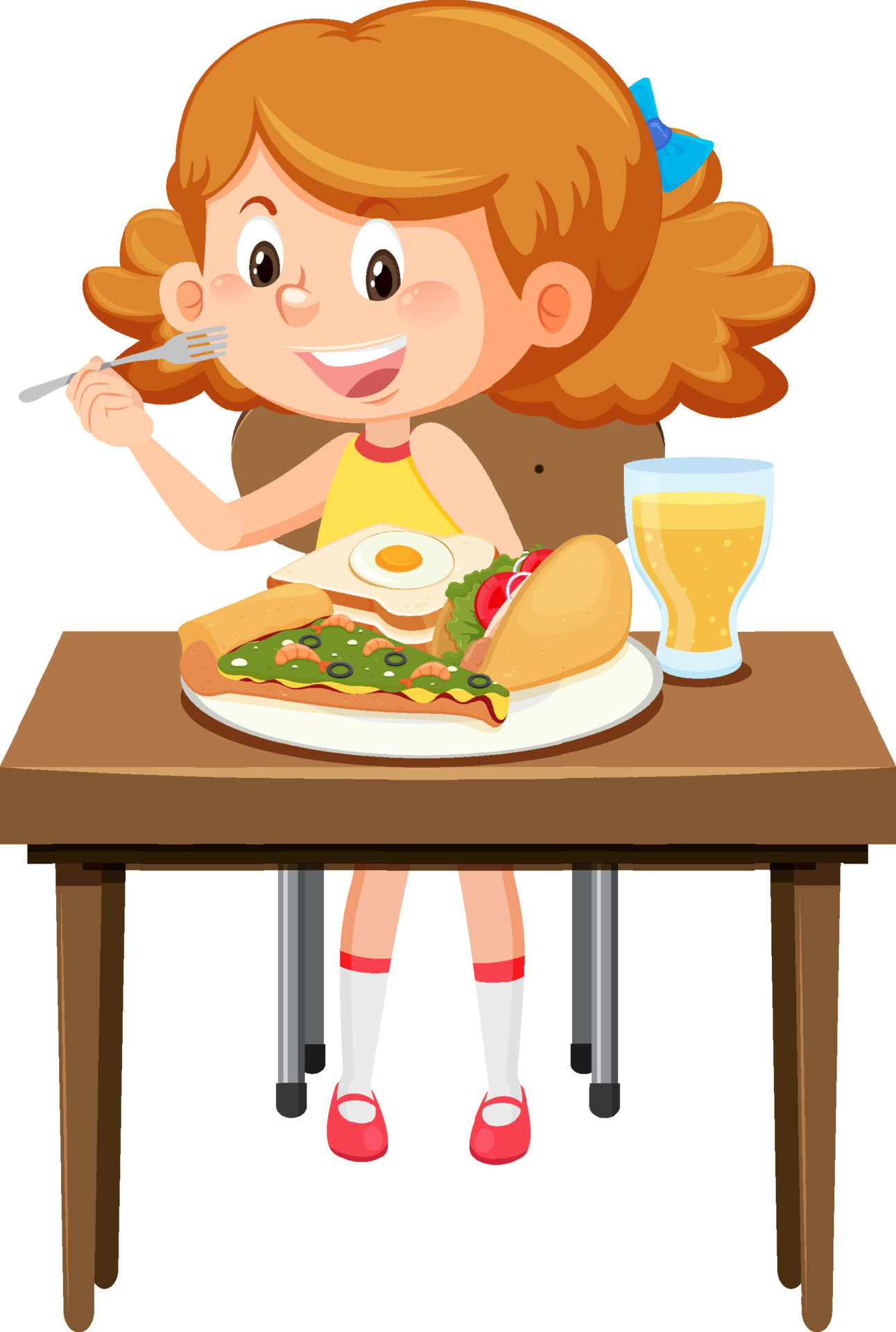 Happy girl enjoy eating food on table 8191853 Vector Art at Vecteezy