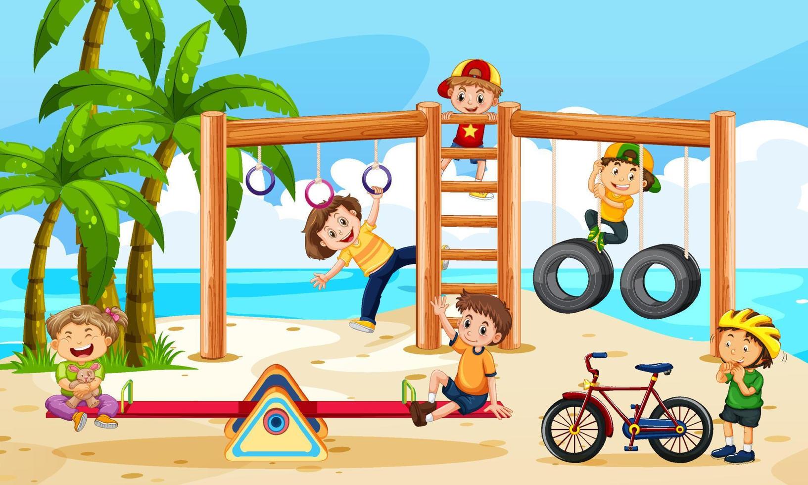 parque infantil en la playa con niños felices vector