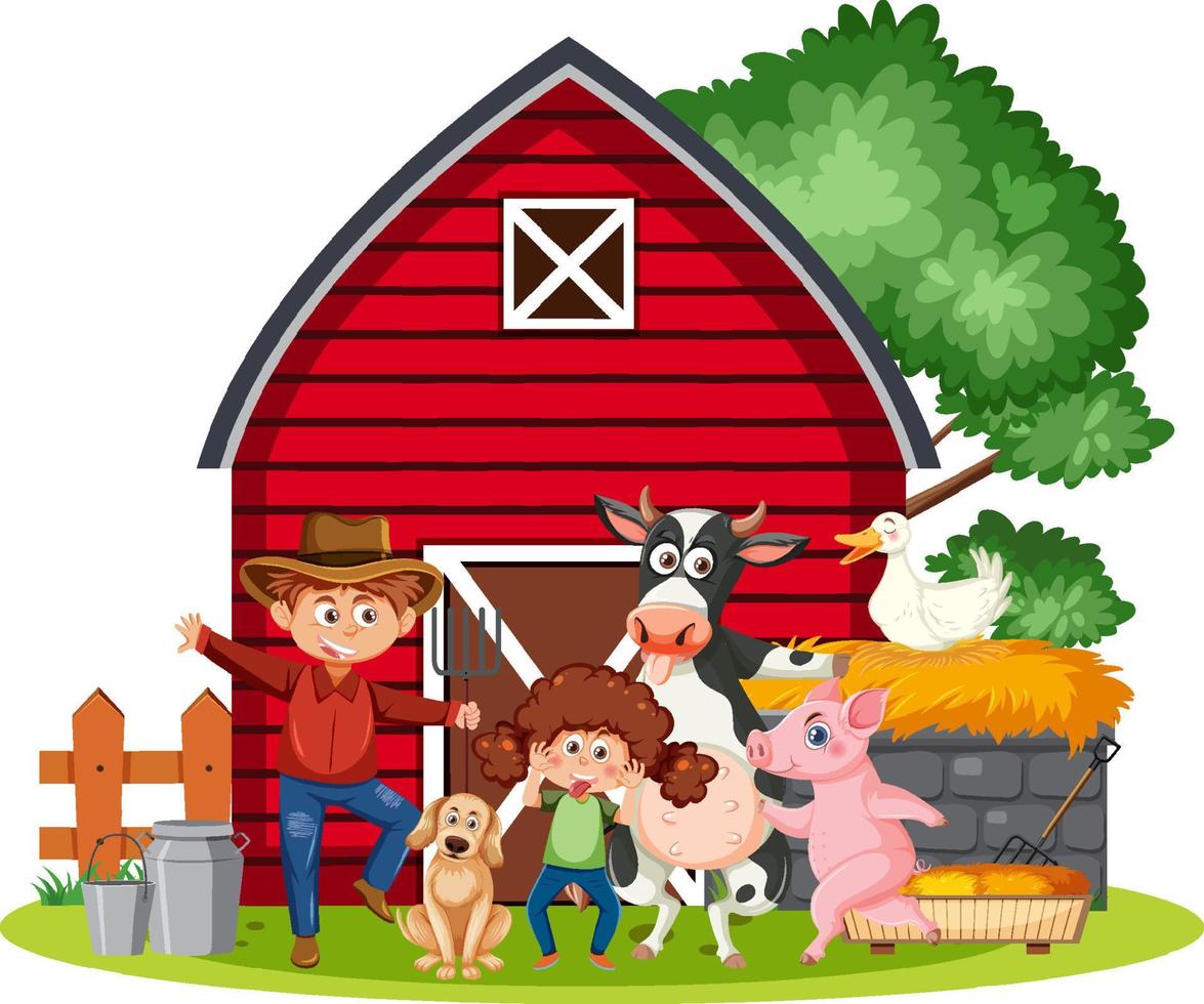 Barn farm with cartoon character vector