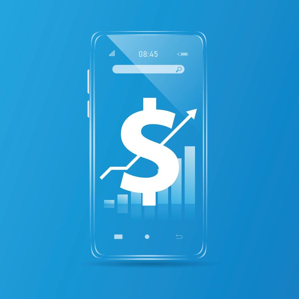 The mobile phone screen displays a notification of the dollar price adjustment in the stock market or the world market. Concept business vector illustration.