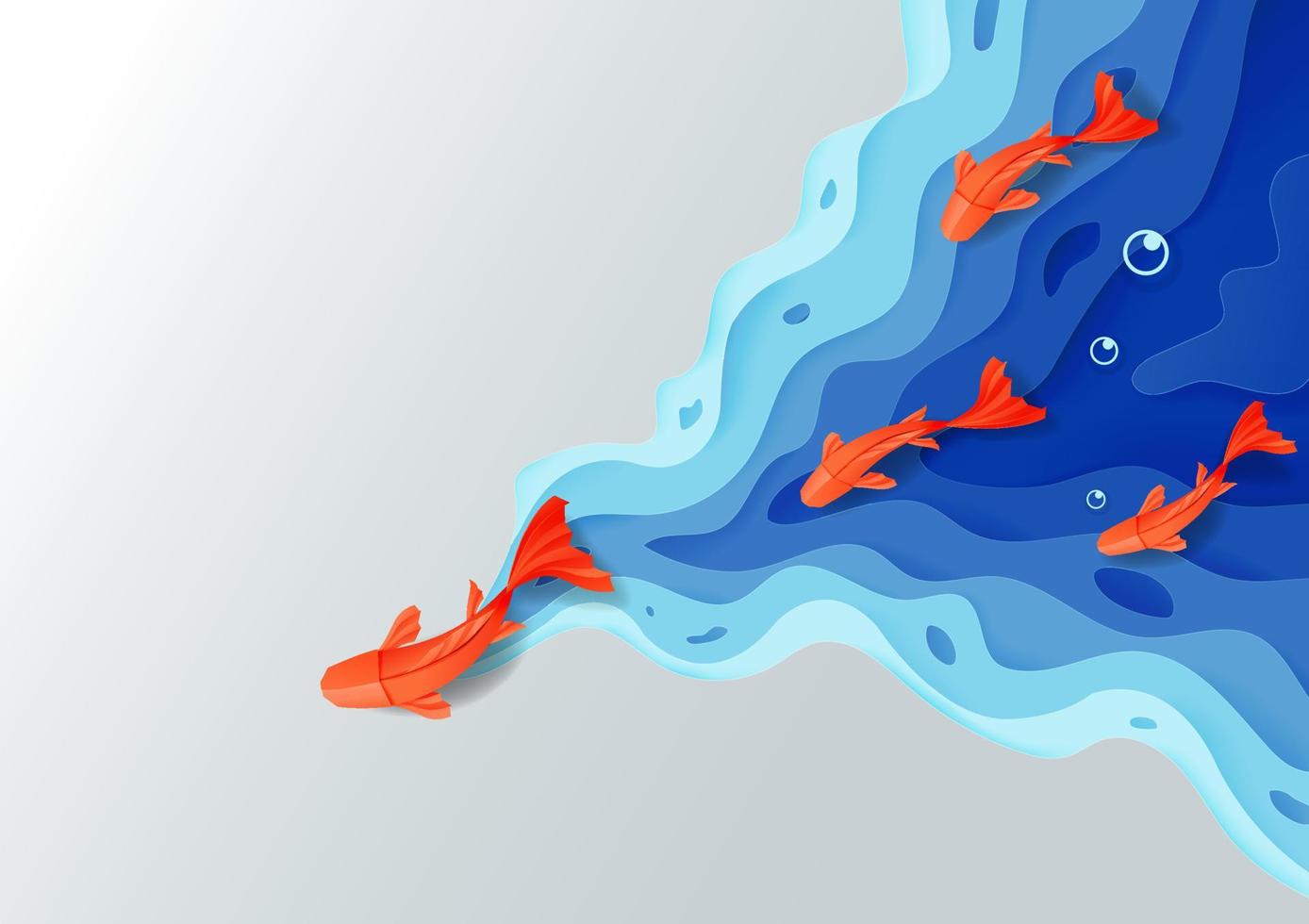 concepto de liderazgo, pez de papel origami rojo anaranjado en estilo artesanal de moda poligonal de agua azul, fondo de diseño de arte de papel vector