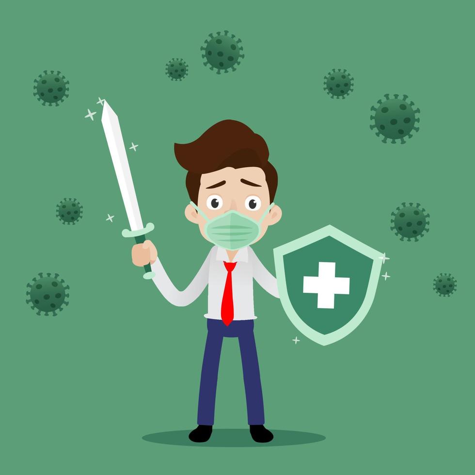 Businessman holding sword and shield to protect from virus, Fight virus concept vector