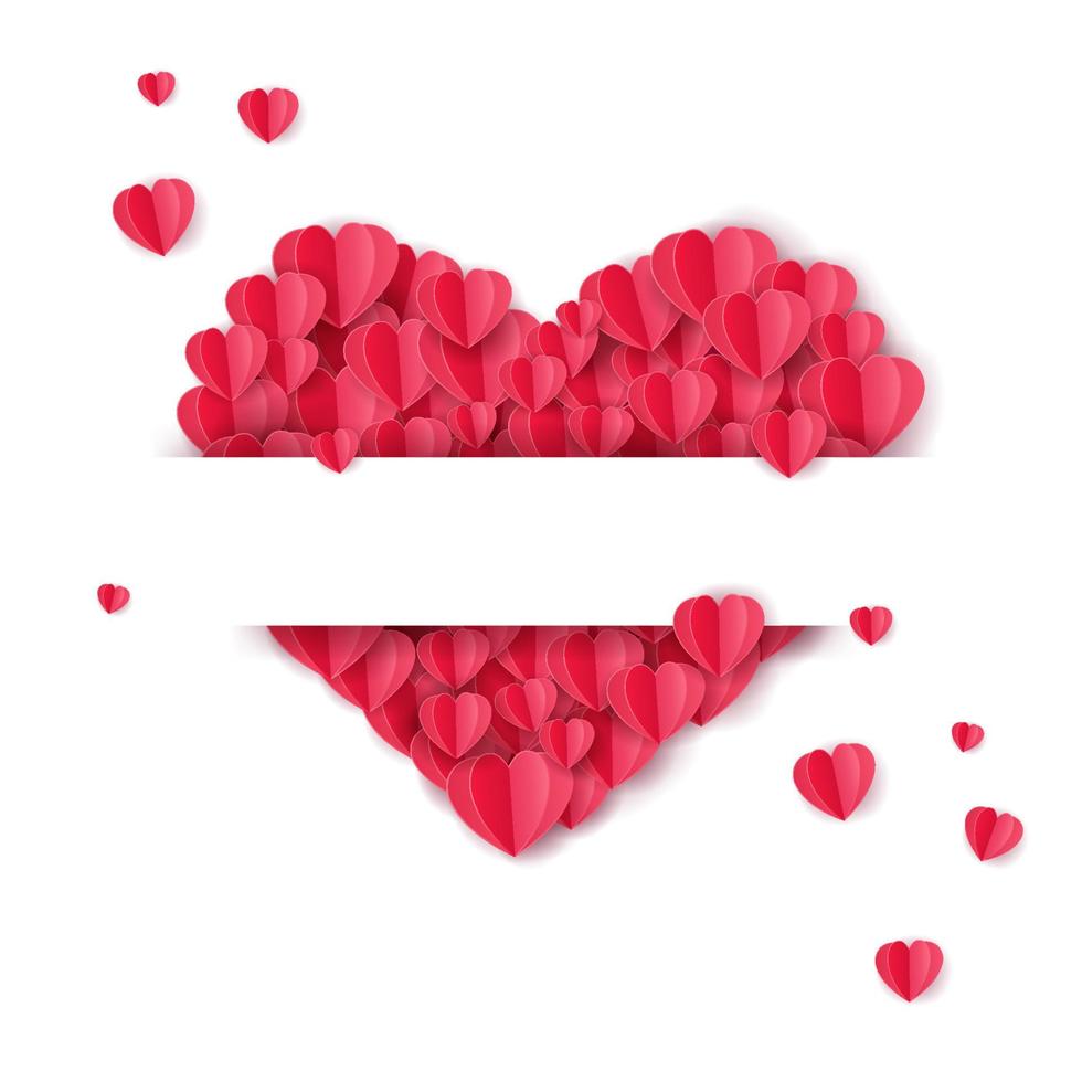 feliz tarjeta de felicitación del día de san valentín, corazón rojo compuesto por muchos corazones de papel con un largo espacio horizontal en el medio para colocar el texto vector