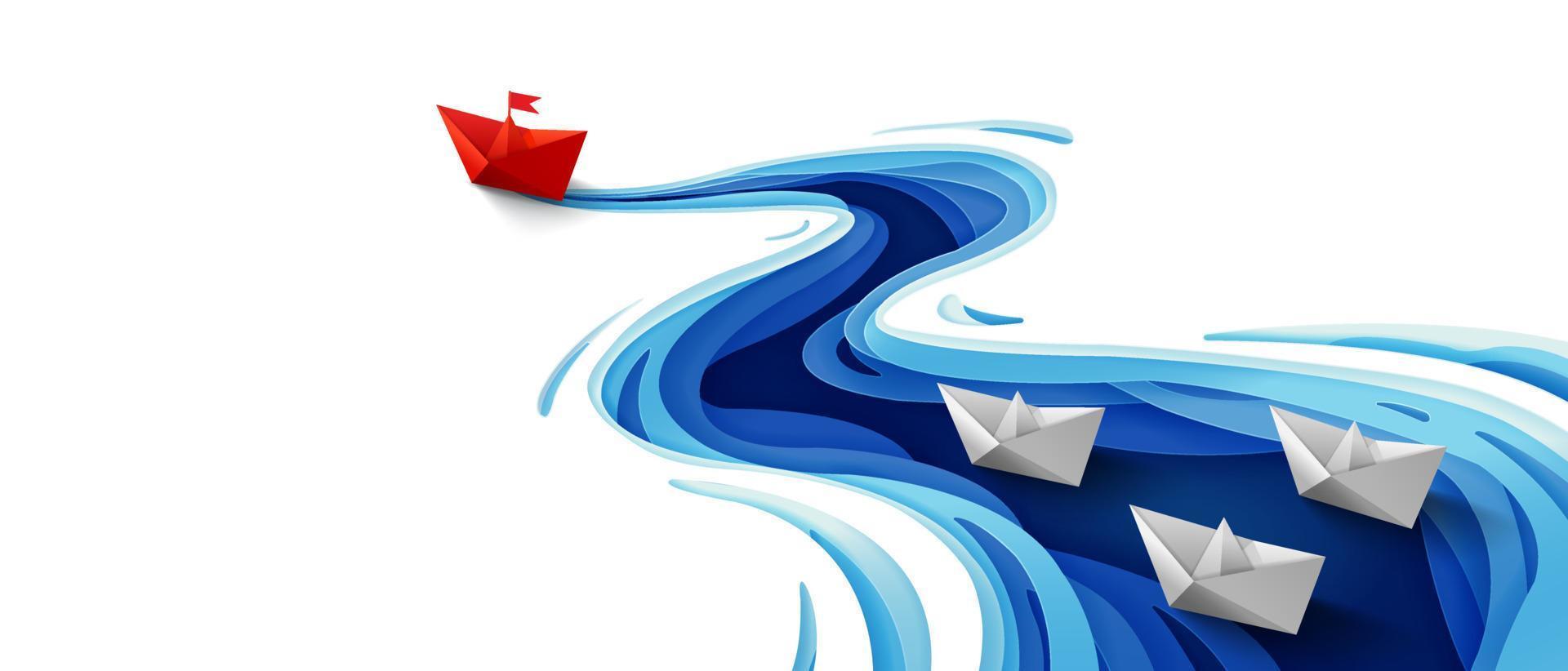 concepto de liderazgo de éxito, barco de papel rojo de origami flotando frente a barcos de papel blanco en un río azul sinuoso, fondo de banner de diseño de arte de papel vector