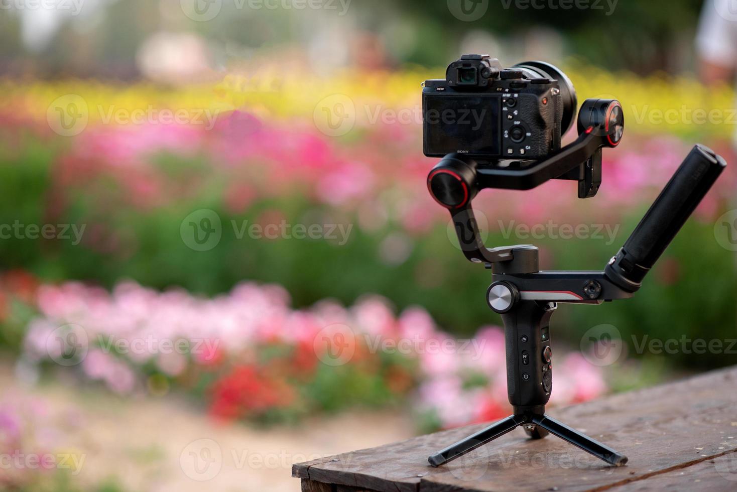 Camera for filming movies and advertisements in the flower garden photo