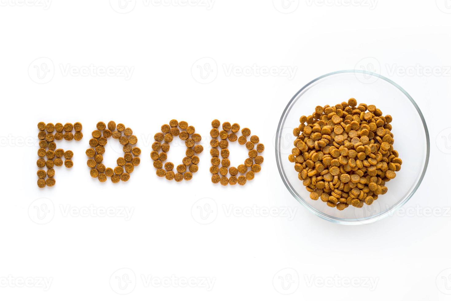 Word FOOD sign made of dry food with full bowl. Pet care and veterinary concept with letters on white background photo