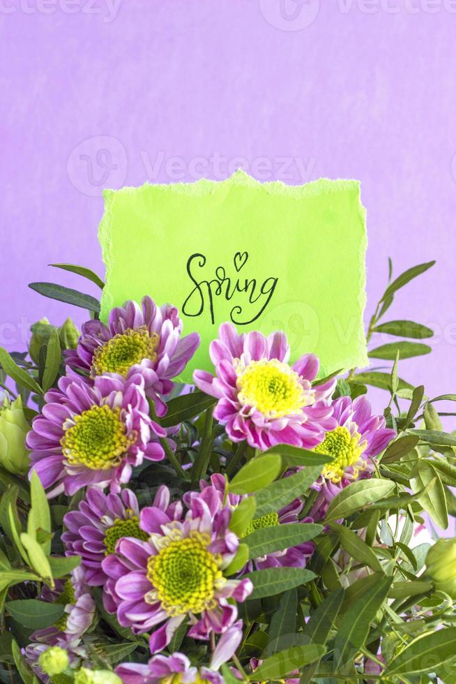 Floral composition with word SPRING on pink pastel background. Beautiful bouquet of spring flowers with copy space. Valentine Day, Mothers day, birthday, spring concept photo