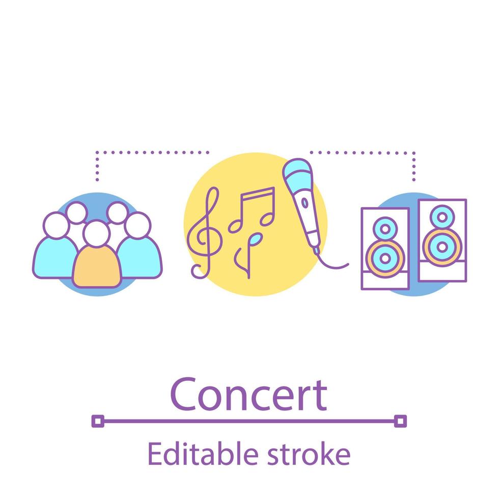 icono del concepto de concierto. espectáculo de artistas. cantante, escena de reunión de vocalistas. entretenimiento de interpretación musical. estreno de la canción. ilustración de línea delgada de idea de evento. dibujo de contorno aislado vectorial vector