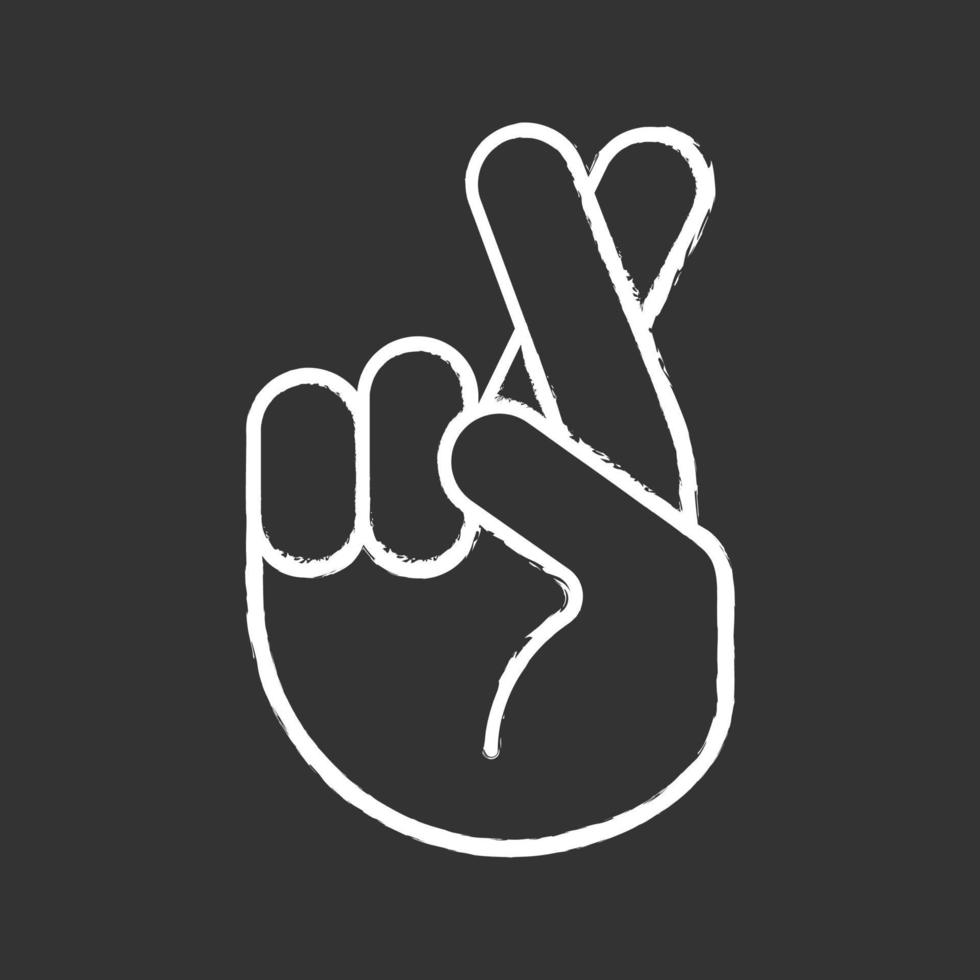 Fingers crossed emoji chalk icon. Luck, lie, superstition hand gesture. Hand with middle and index fingers crossed. Isolated vector chalkboard illustration