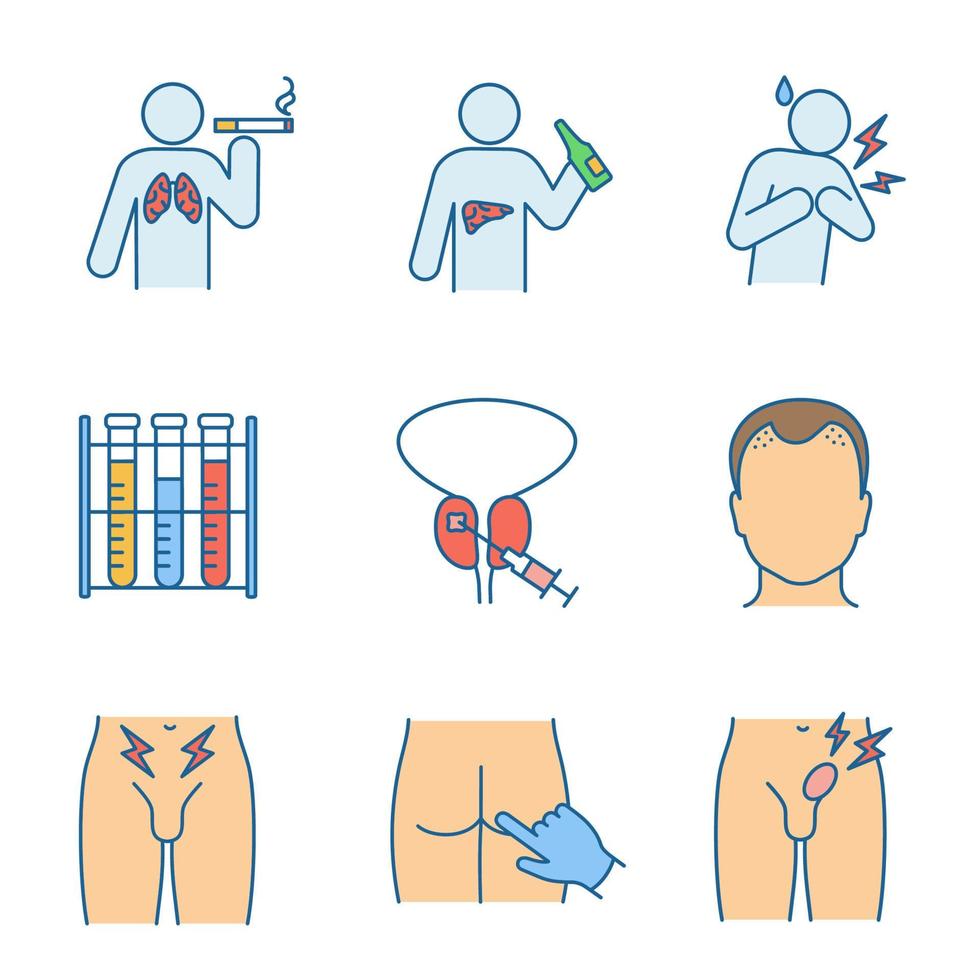 Men's health color icons set. Lungs, liver, prostate cancer, heart attack, lab analysis, prostate biopsy, hair loss, rectal exam, inguinal hernia. Isolated vector illustrations