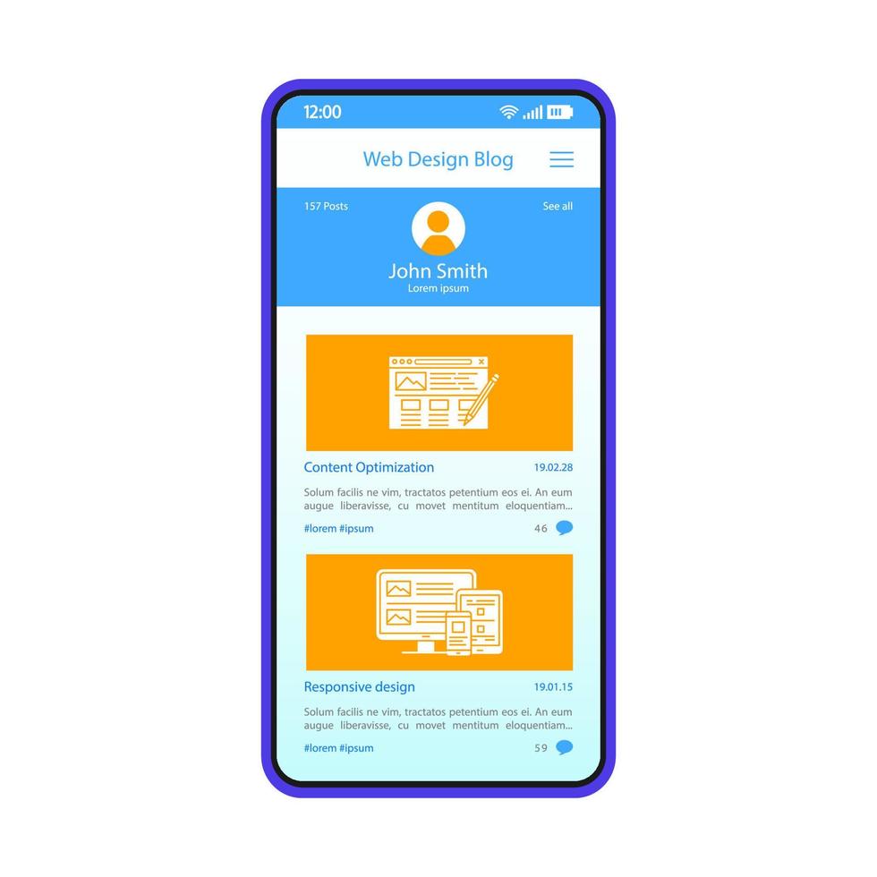 plantilla de vector de interfaz de teléfono inteligente de aplicación de blogs. diseño de diseño azul de página móvil. diseñador web, pantalla de perfil de blogger. aplicación para compartir publicaciones. interfaz de usuario plana contenido de diseño de sitio web en la pantalla del teléfono
