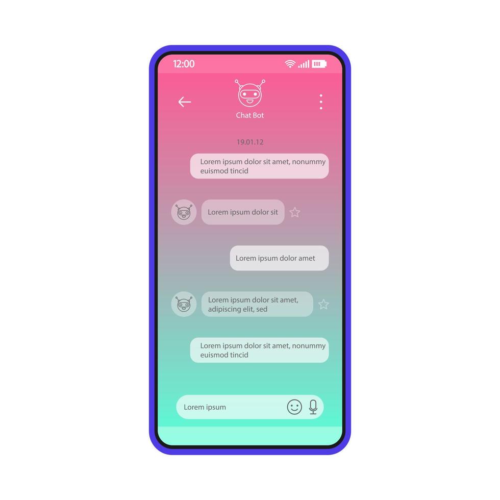 Plantilla de vector de interfaz de teléfono inteligente de aplicación de chatbot messenger. diseño de diseño azul de página de pantalla móvil. bot de chat, aplicación de diálogo de asistente virtual. interfaz de usuario plana degradada. pantalla del teléfono con burbujas de discurso