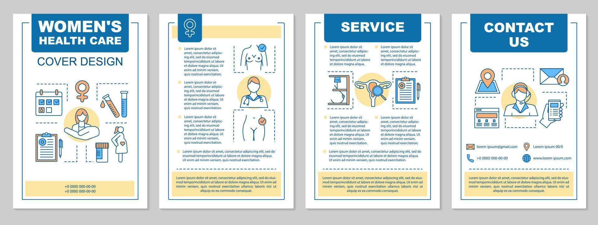 diseño de plantilla de folleto de ginecología. clínica de salud de la mujer. examen medico. volante, folleto, diseño de impresión de folletos. medicina y salud. diseños de página vectorial para revistas, informes, carteles vector