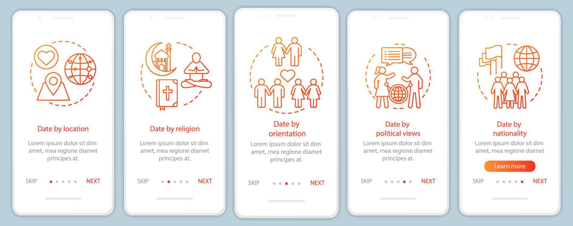 Online dating onboarding mobile app page screen vector template. Date by location, religion, orientation, nationality website instructions with linear illustrations. UX, UI, GUI smartphone interface