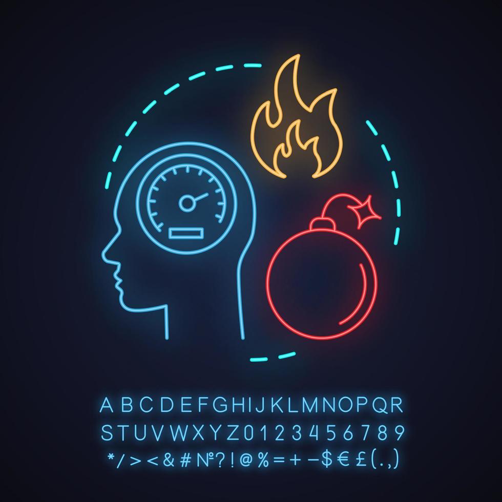 Anger neon light concept icon. Frustration idea. Stress. Head with speedometer inside, bomb and fire. Glowing sign with alphabet, numbers and symbols. Vector isolated illustration