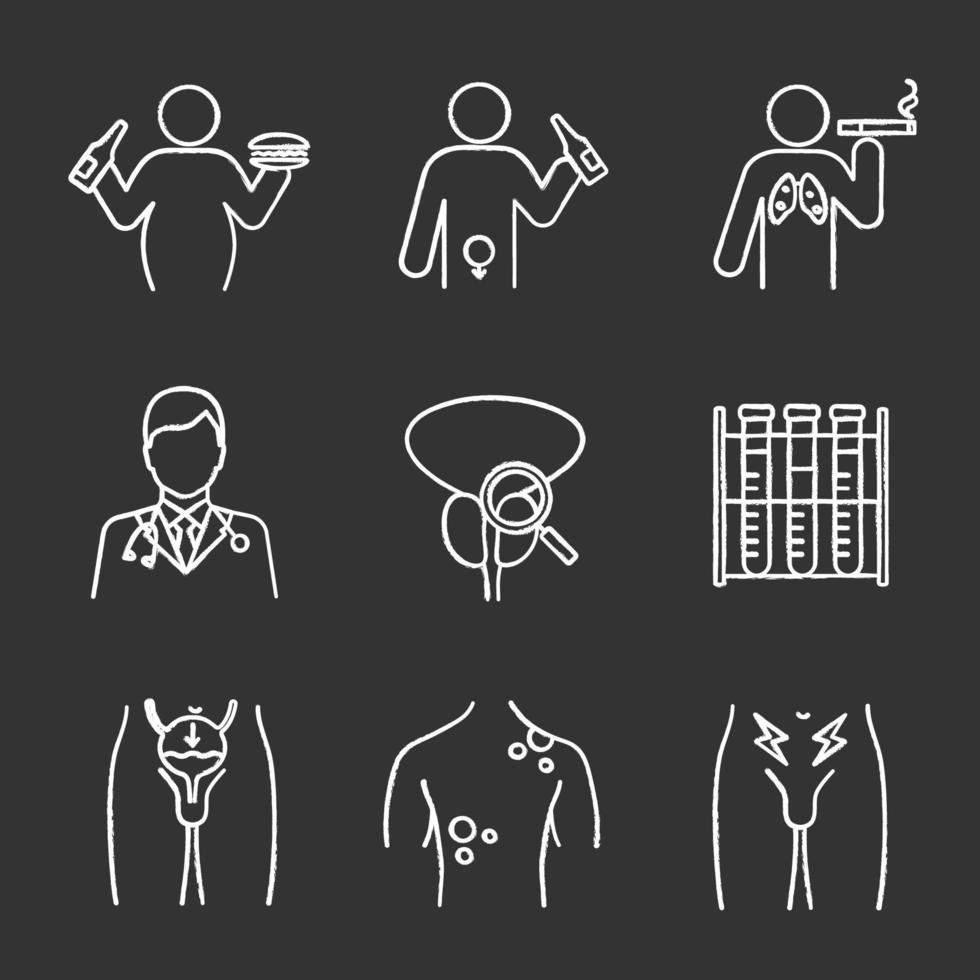 Men's health chalk icons set. Obesity, alcoholism, urologist, prostate exam, lab analysis, urinary incontinence, skin and prostate cancer. Isolated vector chalkboard illustrations