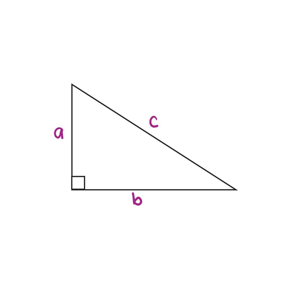 Handwritten right triangle interpreting the Pythagorean theorem. Two right sides and one hypotenuse of a right triangle. Pythagorean theorem or vector illustration