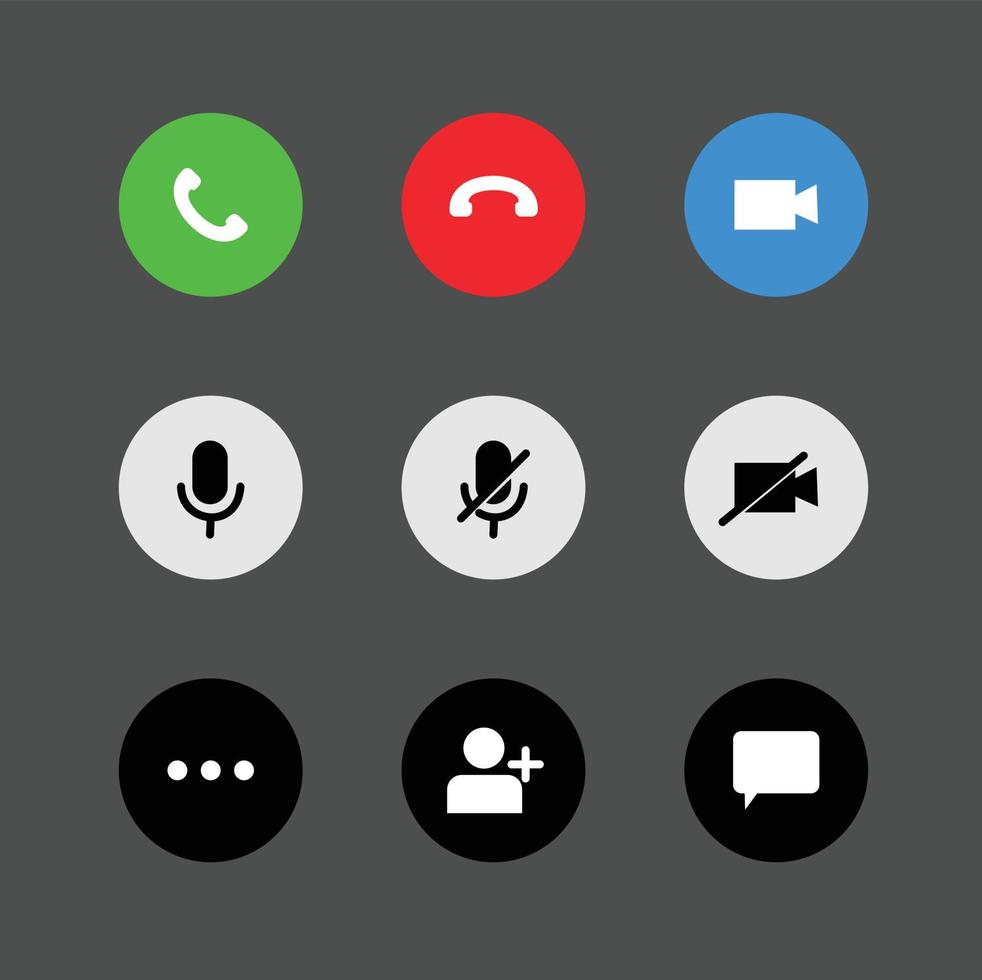 colección de botones de interfaz de usuario de videollamadas. Los botones e iconos de uso frecuente están configurados para aplicaciones de videollamadas. vector de icono editable eps10